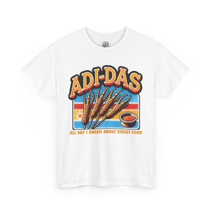 'ADI-DAS' t-shirt featuring a fun street food pun design with grilled chicken feet and a dipping sauce, inspired by Filipino street food culture. Perfect for food lovers and Pinoy humor. (White T-Shirt)