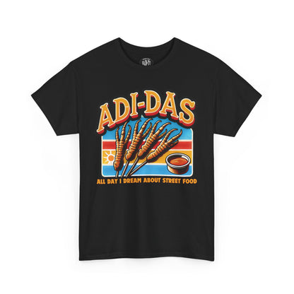 'ADI-DAS' t-shirt featuring a fun street food pun design with grilled chicken feet and a dipping sauce, inspired by Filipino street food culture. Perfect for food lovers and Pinoy humor.(Black T-Shirt)